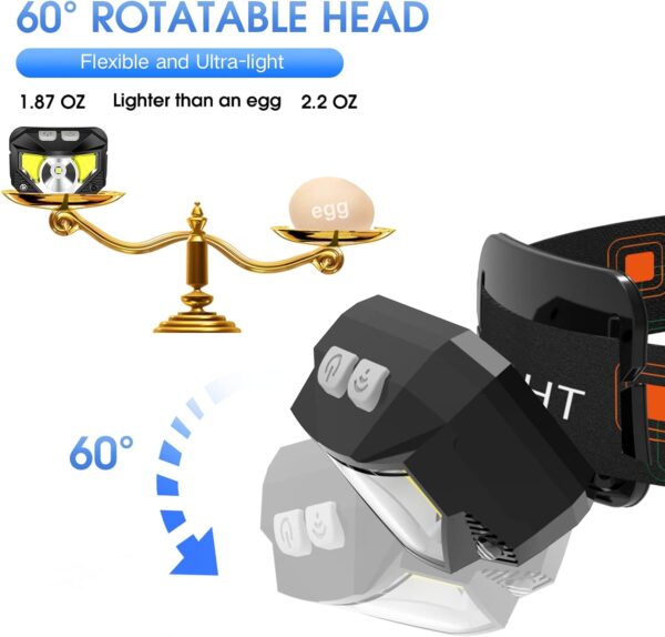 LHKNL Headlamp Flashlight, 1200 Lumen Ultra-Light Bright LED Rechargeable Headlight with White Red Light,2-Pack Waterproof Motion Sensor Head Lamp,8 Mode for Outdoor Camping Running Hiking Fishing - Image 5