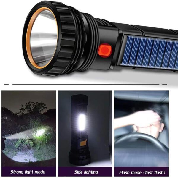 Solar/Rechargeable Multi Function 1000 Lumens LED Flashlight, with Emergency Strobe Light and 1200 Mah Battery, Emergency Power Supply and USB Charging Cable, Fast Charging (1PC) - Image 5