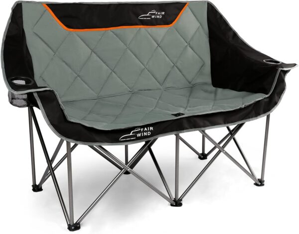 FAIR WIND Oversized Fully Padded Camping Chair Folding Loveseat Camping Couch Double Duo Chair Heavy Duty Quad Fold Chair Arm Chair with Cup Hold - Supports 650 LBS Black