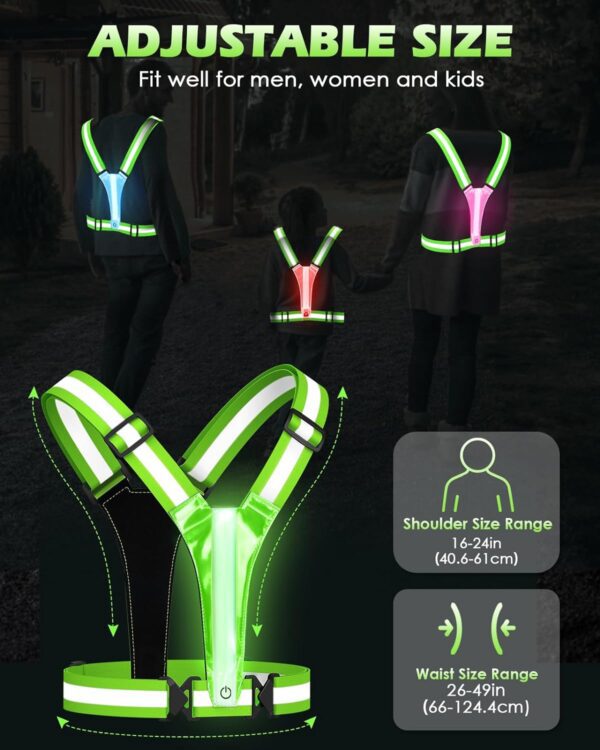 Zacro LED Reflective Vest Running Gear, 5 Lights Colors High Visibility Reflective Running Gear Rechargeable Light Up Running Vest for Walking Running Cycling, Adjustable for Men Women Kids - Image 5