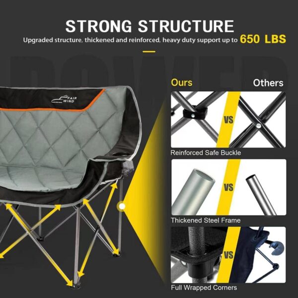 FAIR WIND Oversized Fully Padded Camping Chair Folding Loveseat Camping Couch Double Duo Chair Heavy Duty Quad Fold Chair Arm Chair with Cup Hold - Supports 650 LBS Black - Image 6