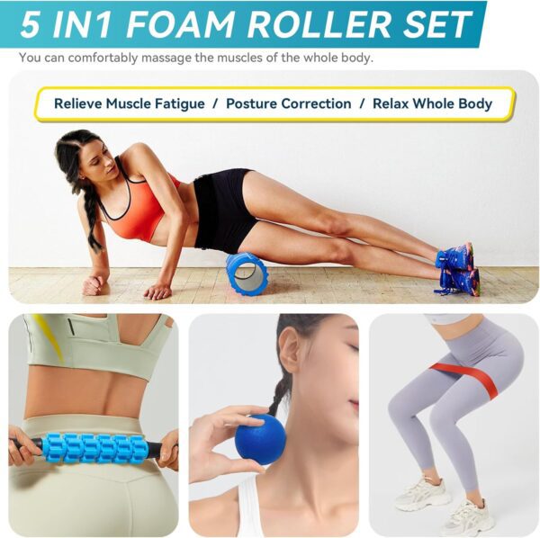 5 in 1 Foam Roller Set for Deep Tissue Muscle Massage, High Density Trigger Point Fitness Patented Exercise Foam Roller, Massage Roller, Massage Ball, Resistance Band, for Whole Body - Image 6