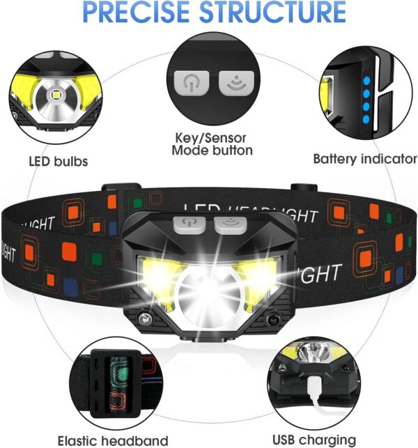 LHKNL Headlamp Flashlight, 1200 Lumen Ultra-Light Bright LED Rechargeable Headlight with White Red Light,2-Pack Waterproof Motion Sensor Head Lamp,8 Mode for Outdoor Camping Running Hiking Fishing - Image 2