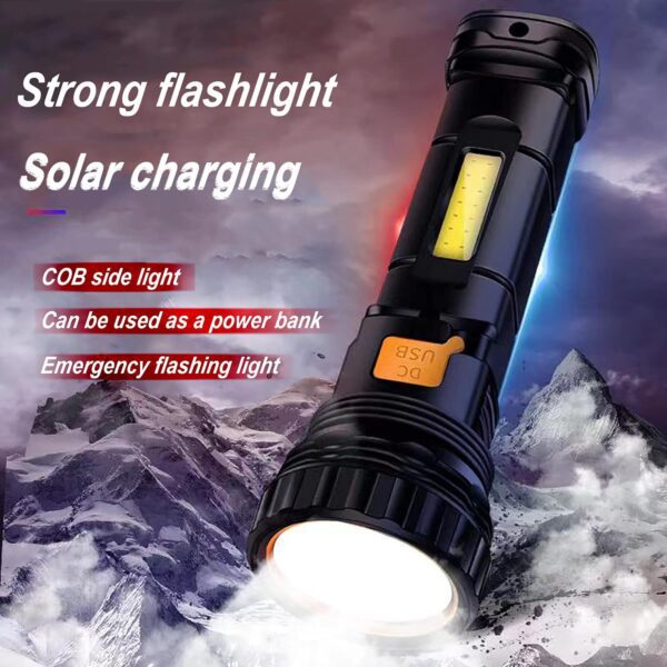 Solar/Rechargeable Multi Function 1000 Lumens LED Flashlight, with Emergency Strobe Light and 1200 Mah Battery, Emergency Power Supply and USB Charging Cable, Fast Charging (1PC) - Image 2