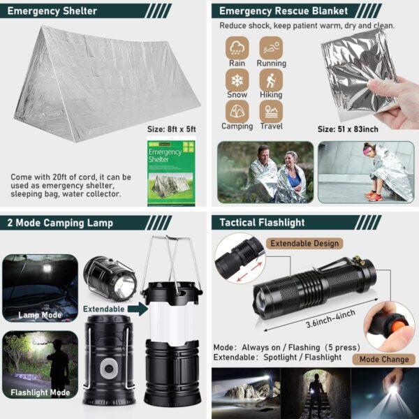 Survival Kit, 262Pcs Survival Gear and Supplies with First Aid Kit Pouch and Crossbody Bag, Emergency Kit with Tent, Camping Axe Hammer, Survival Shovel w/Pick, Bug Out Bag Gifts for Men Women - Image 5