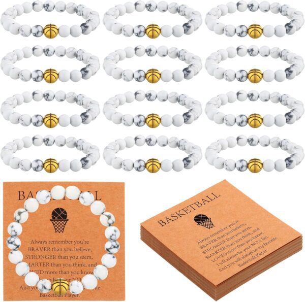 12 Pcs Sport Bracelets Team Gift Lave Stone Black White Beaded Bracelet with Inspirational Card for Football Volleyball Golf Baseball Basketball Soccer Softball Party Favor