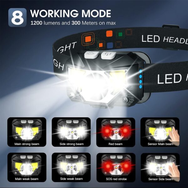 LHKNL Headlamp Flashlight, 1200 Lumen Ultra-Light Bright LED Rechargeable Headlight with White Red Light,2-Pack Waterproof Motion Sensor Head Lamp,8 Mode for Outdoor Camping Running Hiking Fishing - Image 4