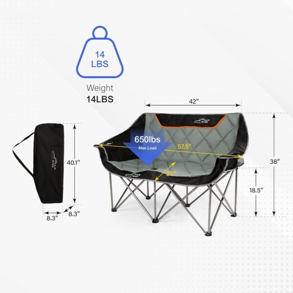 FAIR WIND Oversized Fully Padded Camping Chair Folding Loveseat Camping Couch Double Duo Chair Heavy Duty Quad Fold Chair Arm Chair with Cup Hold - Supports 650 LBS Black - Image 3