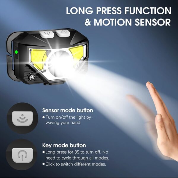 LHKNL Headlamp Flashlight, 1200 Lumen Ultra-Light Bright LED Rechargeable Headlight with White Red Light,2-Pack Waterproof Motion Sensor Head Lamp,8 Mode for Outdoor Camping Running Hiking Fishing - Image 3