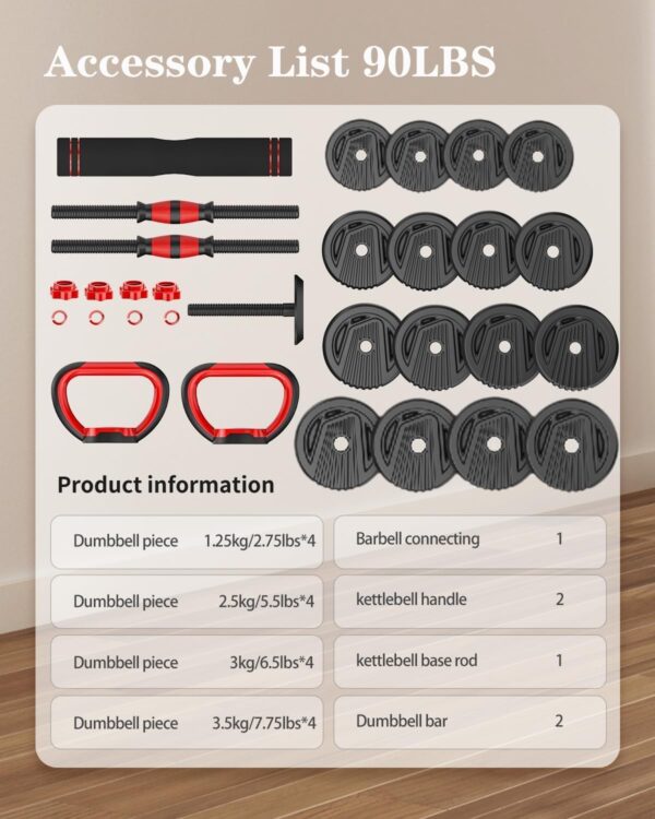 Adjustable Dumbbells, 10/25/35/55/70/90lbs Free Weight Set with Connector, 4 in1 Dumbbells Set Used as Barbell, Kettlebells, Push up Stand, Fitness Exercises for Home Gym Suitable Men/Women - Image 6