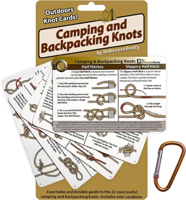 Outdoor Knots - Waterproof Knot Tying Cards with Mini Carabiner - Includes 22 Rope Knots for Camping, Backpacking, & Scouting Scenarios