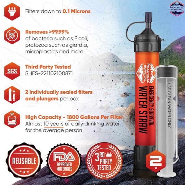 2 High-Capacity Emergency Water Straws – Lightweight, Reusable, 1800-Gallon Filters for Camping, Hiking, Travel, Biking, Survival, and Emergencies. No Expiration Date, Perfect for Preparedness - Image 2