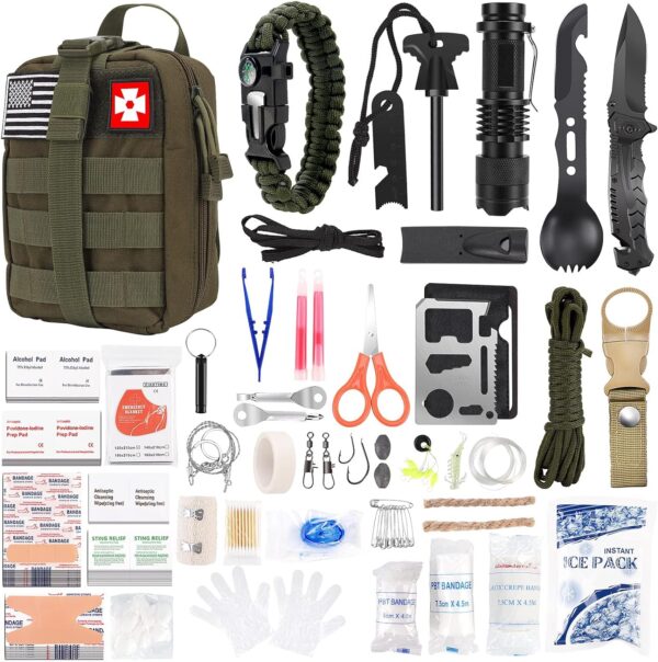 Survival Kit and First Aid kit,Emergency Supplies Camping Accessories with Upgraded Molle Bag, Gifts for Men and Women Outdoor Adventure Camping Hiking Hunting