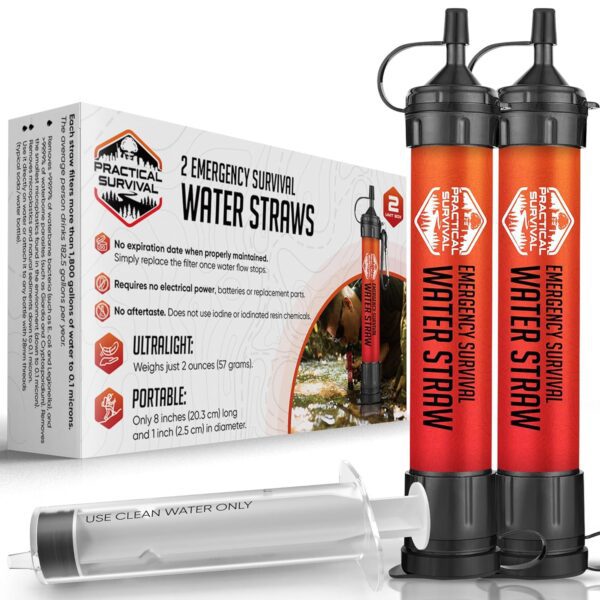 2 High-Capacity Emergency Water Straws – Lightweight, Reusable, 1800-Gallon Filters for Camping, Hiking, Travel, Biking, Survival, and Emergencies. No Expiration Date, Perfect for Preparedness