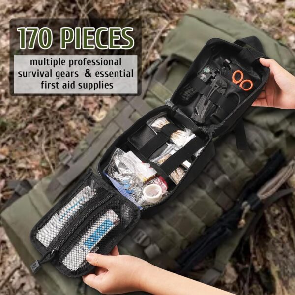 170 PCS Survival Kits, Survival First Aid Kit/Trauma Kit with Essential Survival Gear Emergency Medical Supplies for Hiking Camping Backpacking Outdoor Adventure, Gifts for Him Dad Men - Image 3