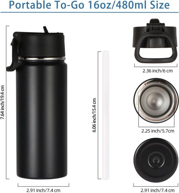 Volhoply 16 OZ Kids Water Bottle Bulk 8 Pack,Insulated Sports Bottles with Straw Lid,Stainless Steel Bottle with Handle Keep Cold & Hot,Double Wall Vacuum Thermo Cups for School,Girls(Black,Set of 8) - Image 2