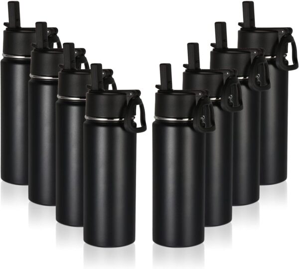 Volhoply 16 OZ Kids Water Bottle Bulk 8 Pack,Insulated Sports Bottles with Straw Lid,Stainless Steel Bottle with Handle Keep Cold & Hot,Double Wall Vacuum Thermo Cups for School,Girls(Black,Set of 8)