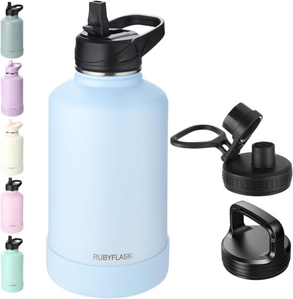 64oz Insulated Water Bottle with Straw, Half Gallon Stainless Steel Vacuum Water Jug, Large Thermos Water Bottle Flask with Leakproof 3 Lids for Travel, Camping, Gym Sports Light Blue