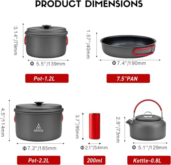 Alocs Camping Cookware Set Camping Gear, Compact Camping Pots and Pans Set, Durable Hard Alumina Camping Cooking Set for Outdoor Backpacking Camping Hiking Picnic, Included Mesh Carry Bag. - Image 3