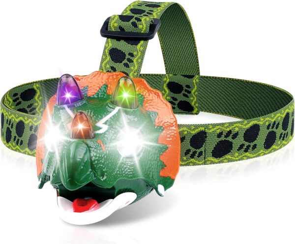 Triceratops LED Headlamp - Dinosaur Headlamp for Kids Camping Gear Essentials | Dinosaur Toy Head Lamp Flashlight for Boys Girls or Adults | Ideal Gift for Birthday, Halloween, Christmas, New Year