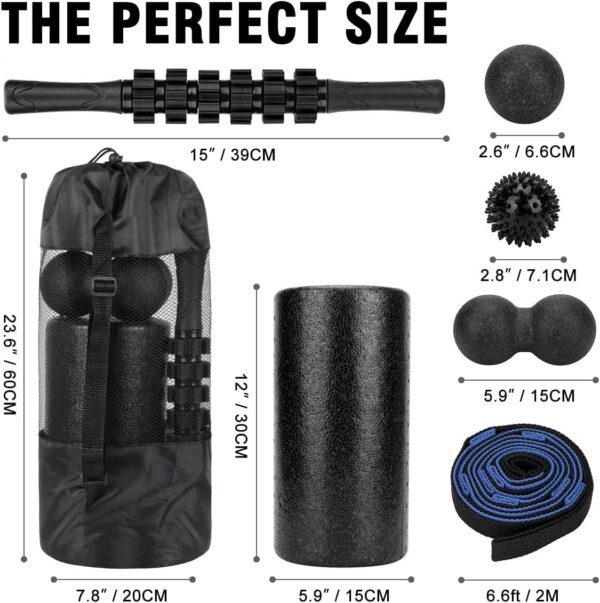 Foam Roller Set - High Density Back Roller, Muscle Roller Stick,2 Foot Fasciitis Ball, Stretching Strap, Massage Ball for Whole Body Physical Therapy & Exercise, Yoga, Back Pain, Leg, Deep Tissue - Image 2