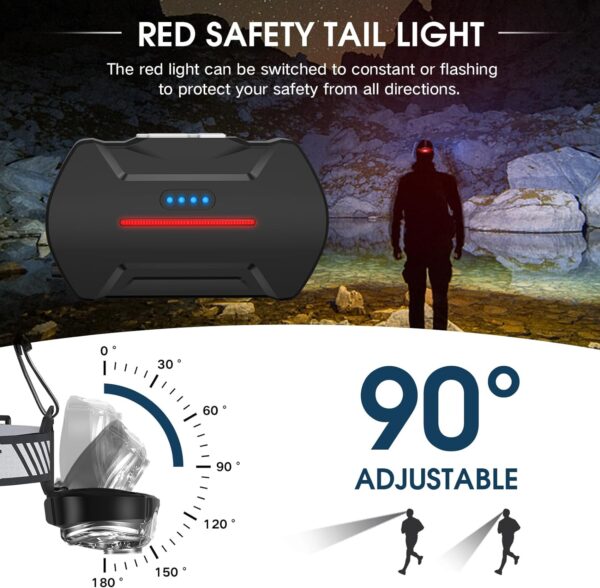 Rechargeable Headlamp, 20000 High Lumen Bright 5 LED Head Lamp with Red White Light, IPX4 Waterproof Headlight,8 Mode Head Flashlight for Outdoor Running Hunting Fishing Hiking Camping Gear - Image 4