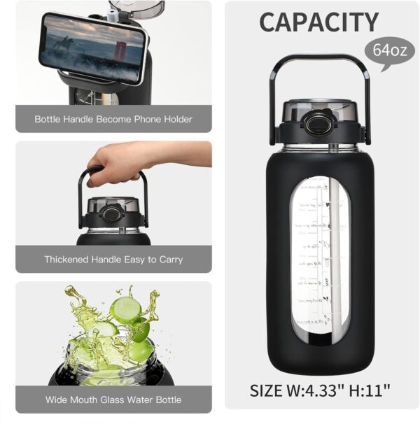 64oz Glass Water Bolttles with Straw Half Gallon Large Motivational Water Bottle with Time Marker Sports Water Bottles with Silicone Sleeve and Handle Lid Water Jug for Gym Workout - Image 4