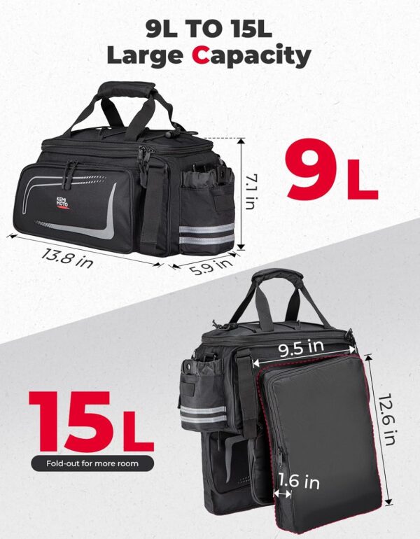 KEMIMOTO Bike Rear Rack Bag with Rain Cover - 15L Thickened Foldable Pockets Water Resistant Bicycle Bag Bike Saddle Bag for Commuter Cycling Trip Grocery Shopping, Black - Image 2