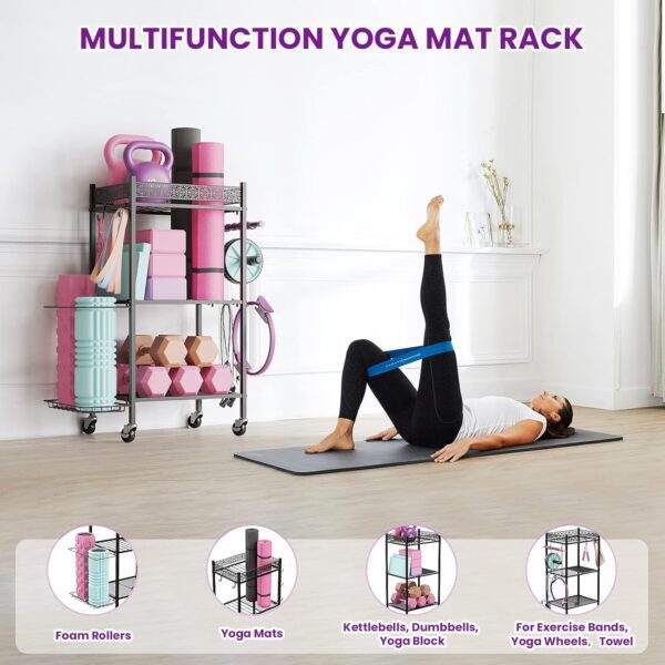 Yoga Mat Storage Rack, Home Gym Storage Rack Yoga Mat Holder, VOPEAK Workout Storage for Yoga Mat, Foam Roller, Gym Organizer Gym Equipment Storage for Home Exercise and Fitness Gear (Metal) - Image 7