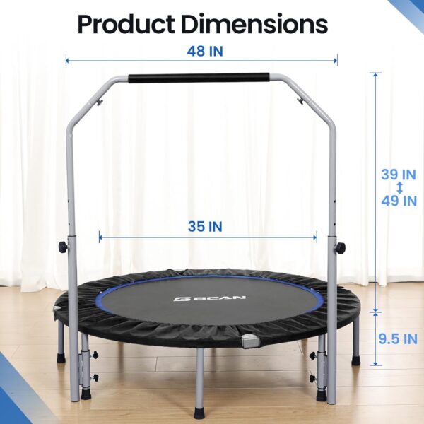 BCAN 40/48" Foldable Mini Trampoline Max Load 330lbs/440lbs, Fitness Rebounder with Adjustable Foam Handle, Exercise Trampoline for Adults Indoor/Garden Workout - Image 8