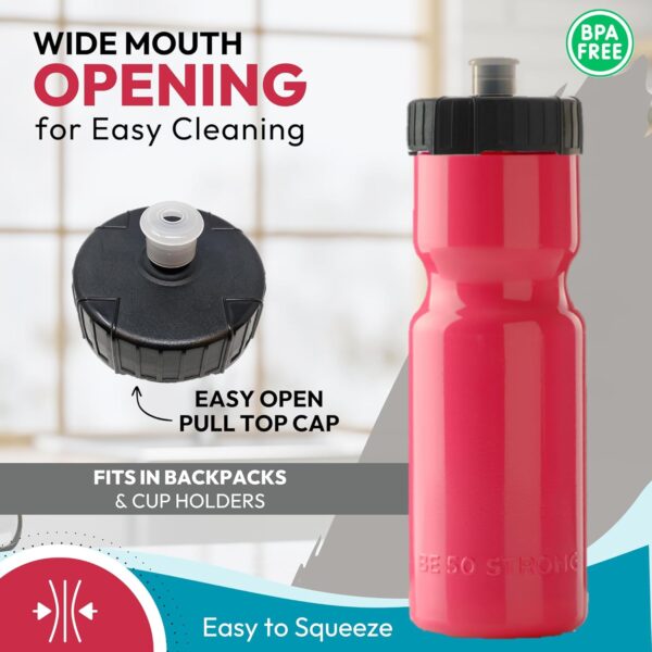 50 Strong Sports Water Bottles – Reusable 22 oz BPA-Free Plastic Bottles with Pull Top Cap – Made in USA – Top Rack Dishwasher Safe – Fits Most Bike Cages Brand - Image 2