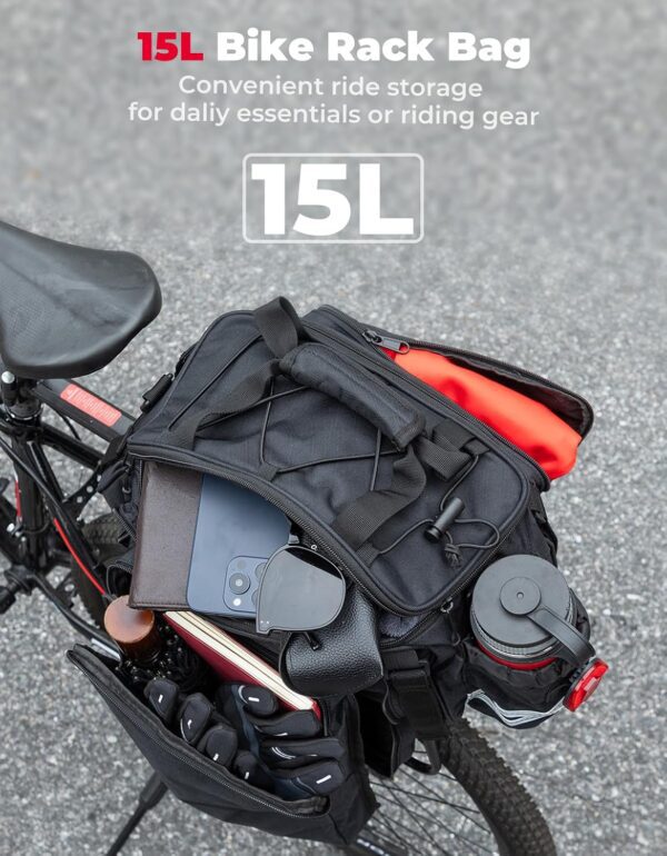 KEMIMOTO Bike Rear Rack Bag with Rain Cover - 15L Thickened Foldable Pockets Water Resistant Bicycle Bag Bike Saddle Bag for Commuter Cycling Trip Grocery Shopping, Black - Image 5