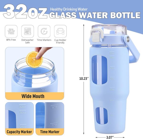 BLUEGO 32oz Glass Water Bottle with Handle and Straw|Leakproof Sports Glass Bottle with Time Marker and Silicone Sleeve|Glass Drinking Bottle for Travel, Gym, Workout, Blue - Image 3