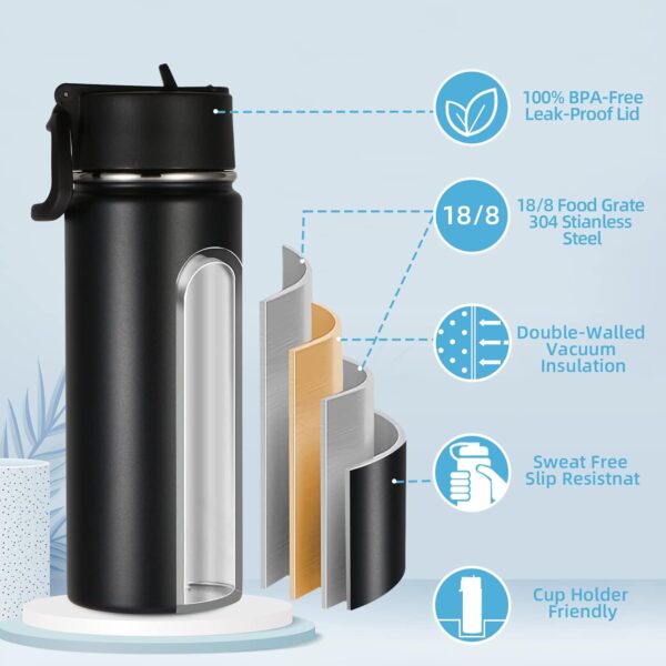 Volhoply 16 OZ Kids Water Bottle Bulk 8 Pack,Insulated Sports Bottles with Straw Lid,Stainless Steel Bottle with Handle Keep Cold & Hot,Double Wall Vacuum Thermo Cups for School,Girls(Black,Set of 8) - Image 4