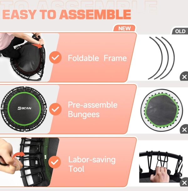 BCAN 450/550 LBS Foldable Mini Trampoline, 40"/48" Fitness Trampoline with Bungees, U Shape Adjustable Foam Handle, Stable & Quiet Exercise Rebounder for Adults Indoor/Outdoor Workout - Image 9