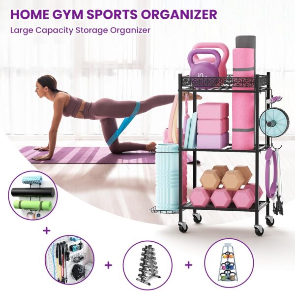 Yoga Mat Storage Rack, Home Gym Storage Rack Yoga Mat Holder, VOPEAK Workout Storage for Yoga Mat, Foam Roller, Gym Organizer Gym Equipment Storage for Home Exercise and Fitness Gear (Metal) - Image 2