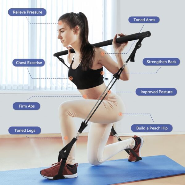 Upgraded Pilates Bar Kit with Resistance Bands Natural Latex for Women & Men, Heavy-Duty Stainless Steel Multifunctional Yoga Pilates Stick for Home Gym Exercise Fitness Equipment Full-Body Workouts - Image 5