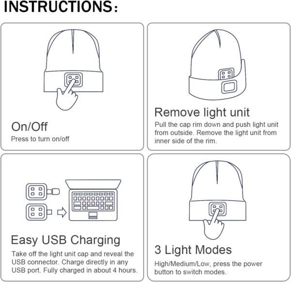 YunTuo LED Beanie with The Light, Unisex USB Rechargeable Headlamp Winter Knitted Cap Gifts for Men Dad Husband Him - Image 5