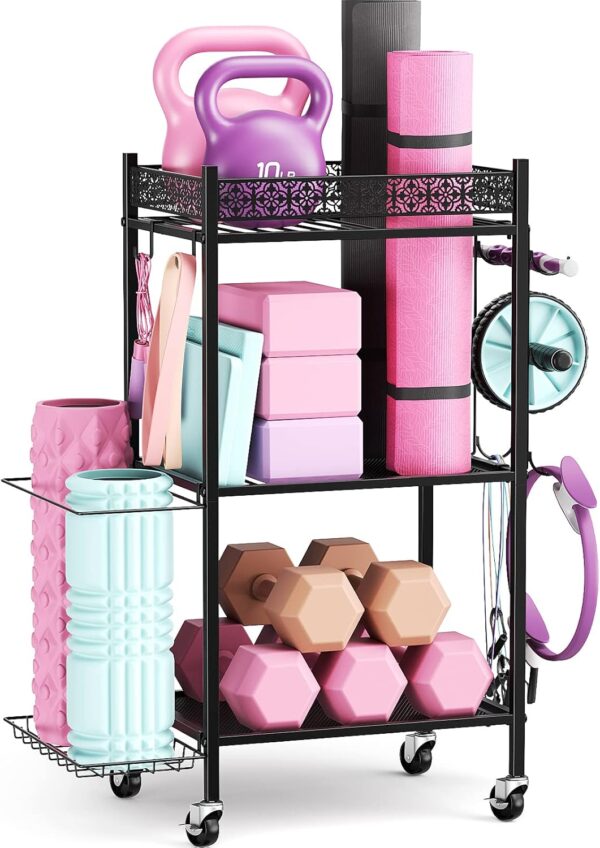 Yoga Mat Storage Rack, Home Gym Storage Rack Yoga Mat Holder, VOPEAK Workout Storage for Yoga Mat, Foam Roller, Gym Organizer Gym Equipment Storage for Home Exercise and Fitness Gear (Metal)