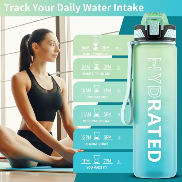 Water Bottle with Straw, 32oz Motivational Water Bottles with Time Marker to Drink, Tritan BPA Free, 1L Sports Water Bottle with Carry Strap LeakProof for Women Gym Fitness Outdoor (1 Pack) - Image 2