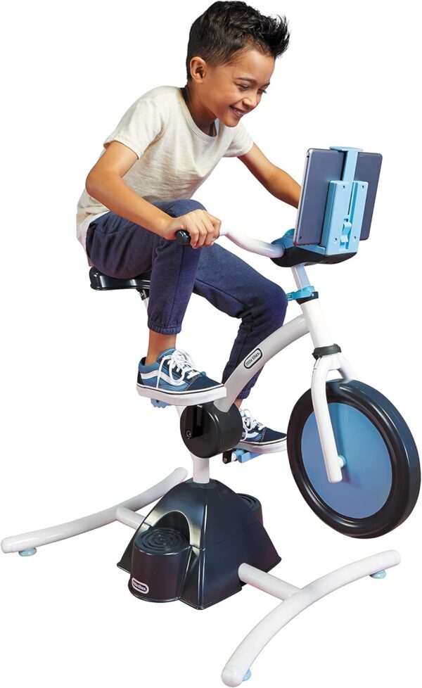 Little Tikes Pelican Explore & Fit Cycle Adjustable Play Fitness Exercise Equipment Stationary Bike with Videos and Built-in Bluetooth Speaker, For Kids Ages 3-7 Years, WHITE, BLUE