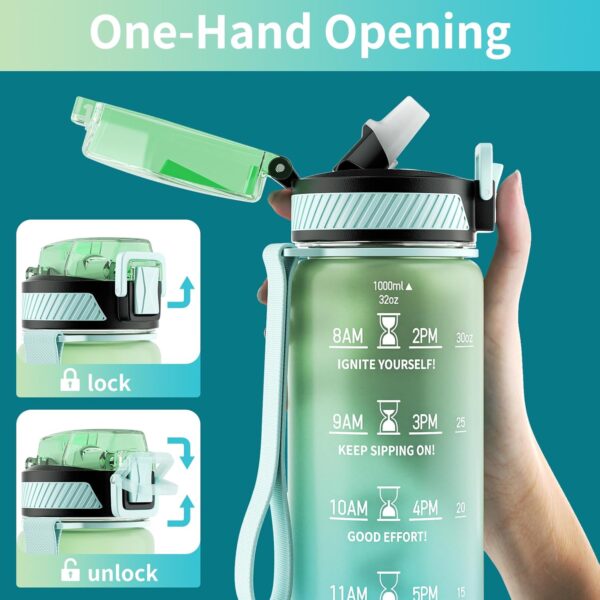 Water Bottle with Straw, 32oz Motivational Water Bottles with Time Marker to Drink, Tritan BPA Free, 1L Sports Water Bottle with Carry Strap LeakProof for Women Gym Fitness Outdoor (1 Pack) - Image 3