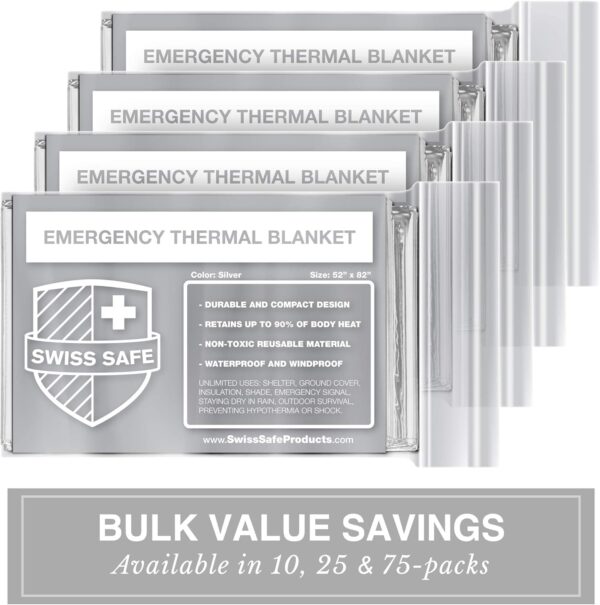 Swiss Safe 10 Pack Mylar Emergency Blankets for Survival - Compact & Insulated for Cold Weather - Designed for NASA, Outdoor, Running, Camping, Survival, First Aid Car Kit - Silver, 10 Pack - Image 2
