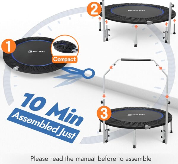 BCAN 40/48" Foldable Mini Trampoline Max Load 330lbs/440lbs, Fitness Rebounder with Adjustable Foam Handle, Exercise Trampoline for Adults Indoor/Garden Workout - Image 4