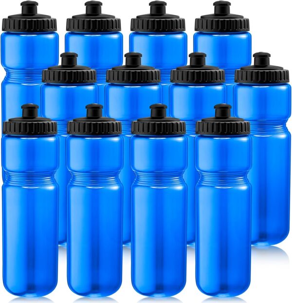 12 Pack 25 Oz Sports Water Bottles, Plastic, Blue, Reusable, Leakproof, Lightweight, BPA Free, for Travelling, Yoga, Cycling, Fishing, Basketball, Hiking