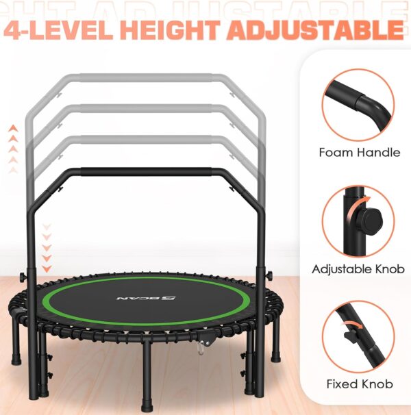 BCAN 450/550 LBS Foldable Mini Trampoline, 40"/48" Fitness Trampoline with Bungees, U Shape Adjustable Foam Handle, Stable & Quiet Exercise Rebounder for Adults Indoor/Outdoor Workout - Image 4