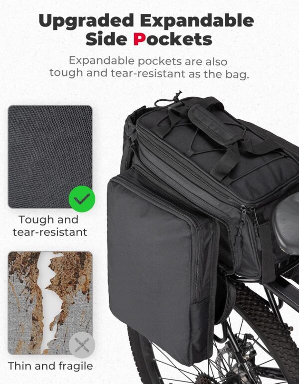 KEMIMOTO Bike Rear Rack Bag with Rain Cover - 15L Thickened Foldable Pockets Water Resistant Bicycle Bag Bike Saddle Bag for Commuter Cycling Trip Grocery Shopping, Black - Image 3