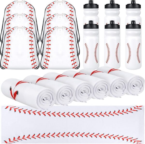 18 Pcs Sport Gifts Set Baseball Softball Soccer Party Favors Baseball Softball Soccer Cooling Towel Reusable Water Bottle and Drawstring Bag for Sports Teams Party Supplies (Baseball)