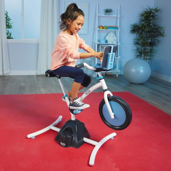 Little Tikes Pelican Explore & Fit Cycle Adjustable Play Fitness Exercise Equipment Stationary Bike with Videos and Built-in Bluetooth Speaker, For Kids Ages 3-7 Years, WHITE, BLUE - Image 3