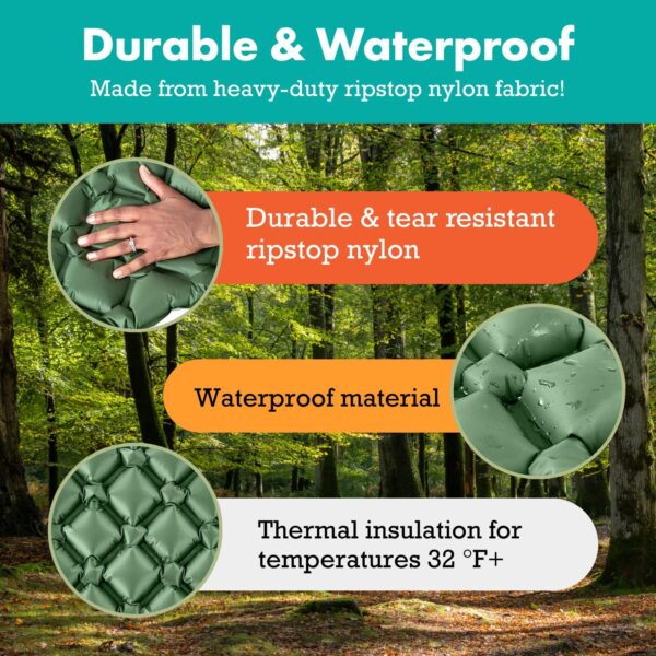 Sleeping Pad for Camping - Ultralight Sleeping Mat for Camping, Backpacking, Hiking - Lightweight, Inflatable Air Mattress - Compact Camping Mats for Sleeping- Green, 1pk - Image 5
